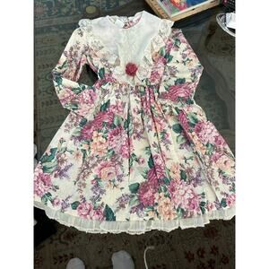 Vintage Celeste Kids Girls Floral Print Lace Trim Dress Size 7 80s 90s